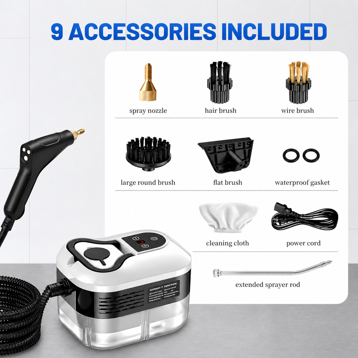 Portable Handheld Steam Cleaner with 9 Accessories, Adjustable Levels, Fast Heat-Up Steamer for Kitchen, Bathroom, Tile & Car Cleaning