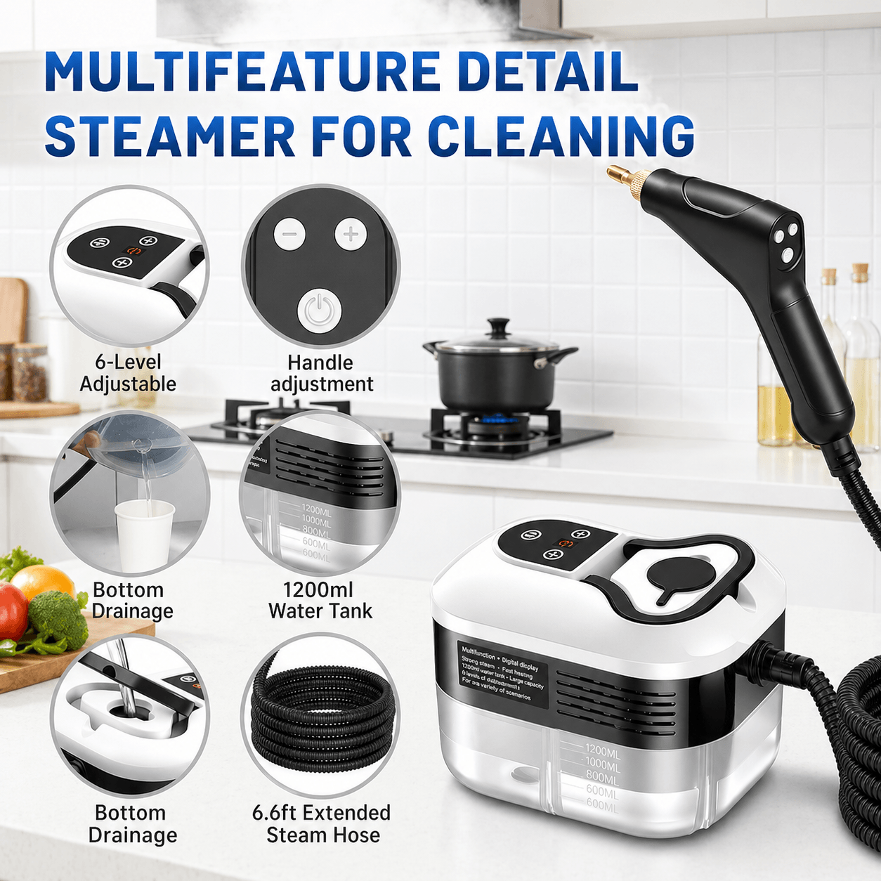 Portable Handheld Steam Cleaner with 9 Accessories, Adjustable Levels, Fast Heat-Up Steamer for Kitchen, Bathroom, Tile & Car Cleaning
