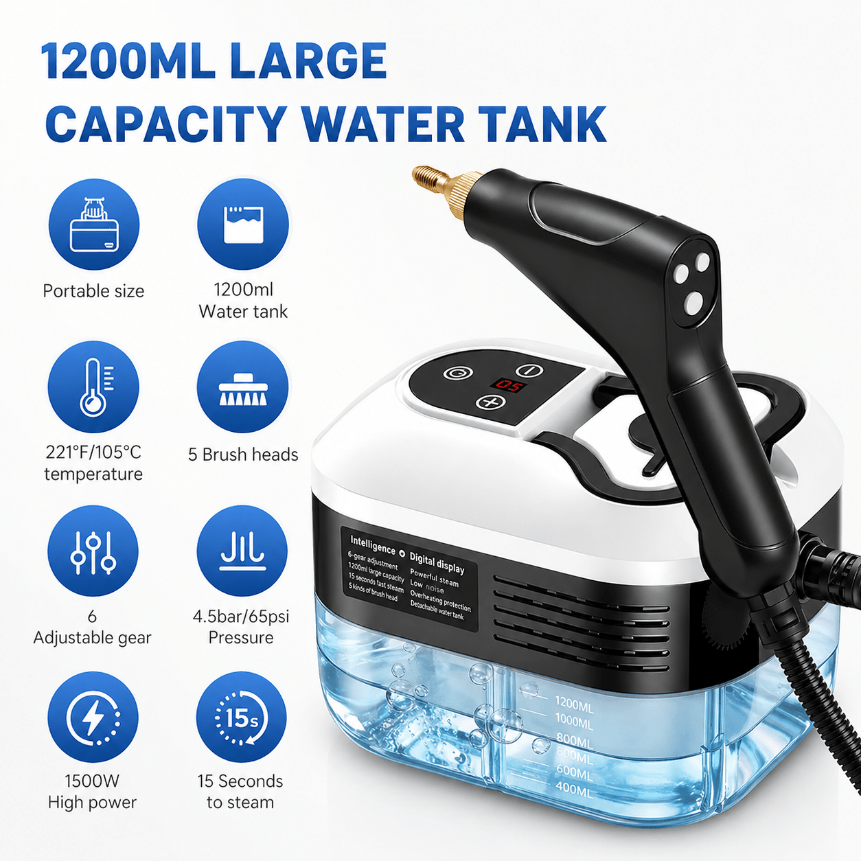 Portable Handheld Steam Cleaner with 9 Accessories, Adjustable Levels, Fast Heat-Up Steamer for Kitchen, Bathroom, Tile & Car Cleaning
